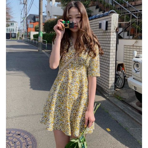 正韓碎花洋裝連衣裙 韓國官網同步 鬼馬少女小清新碎花V領顯瘦收腰中袖雪紡洋裝連身裙 縮腰洋裝 韓妞必備